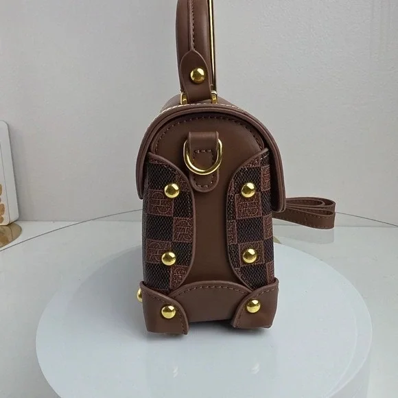 Checkered Top Handle Satchel Handbag Small Crossbody Brown Tan Vegan Leather Pur - Picture 6 of 11